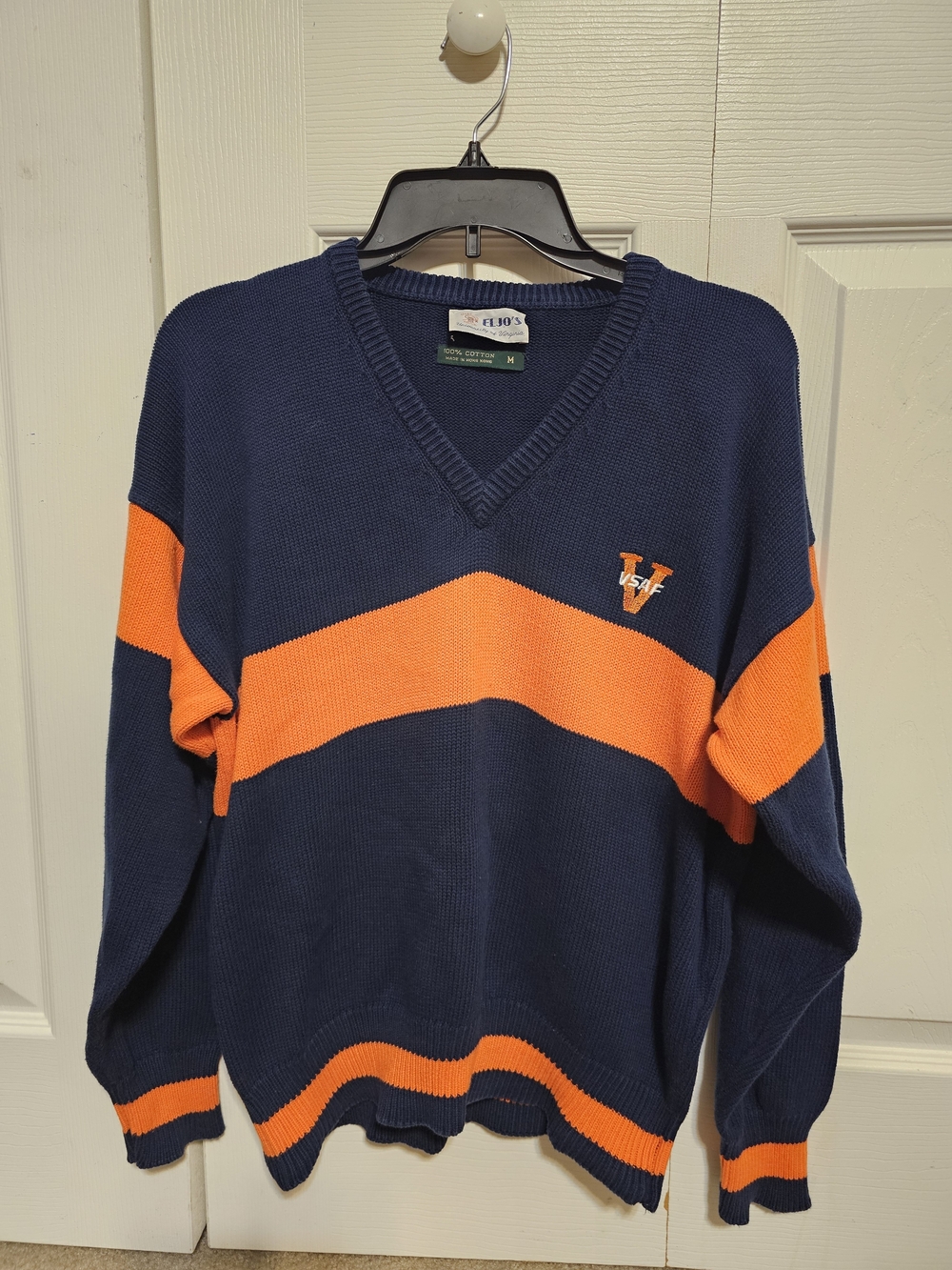 UVA V-neck Navy and Orange Striped Men’s Sweater Embroidered VSAF